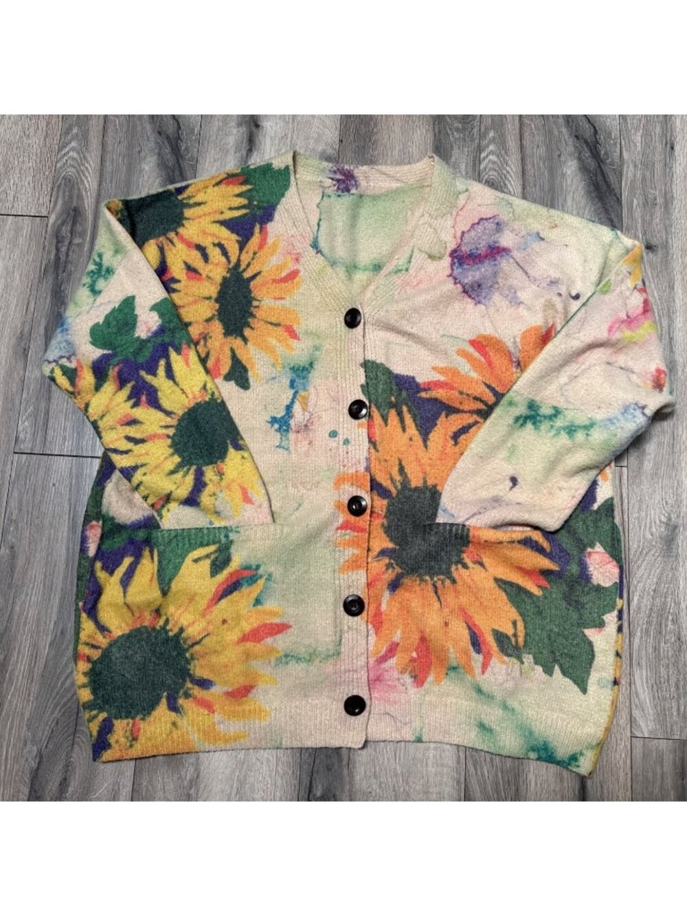 Womans L Sunflower Print Pockets Cotton Wool Blend Cardigan Sweater Button-Up Be